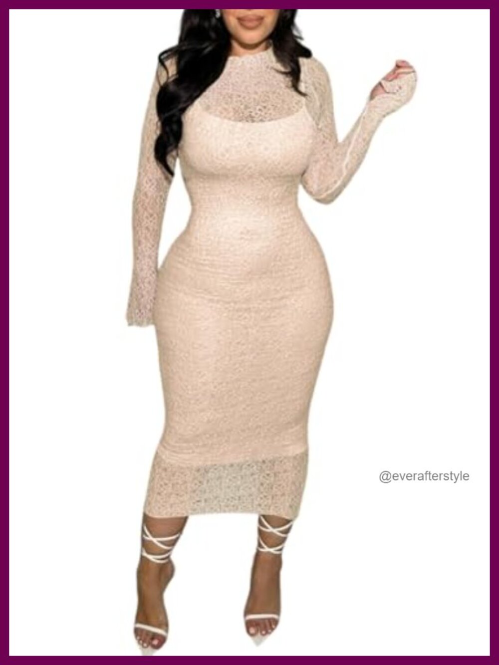 Womens 2 Piece Lace Midi Dress Set Sheer Long Sleeve Bodycon